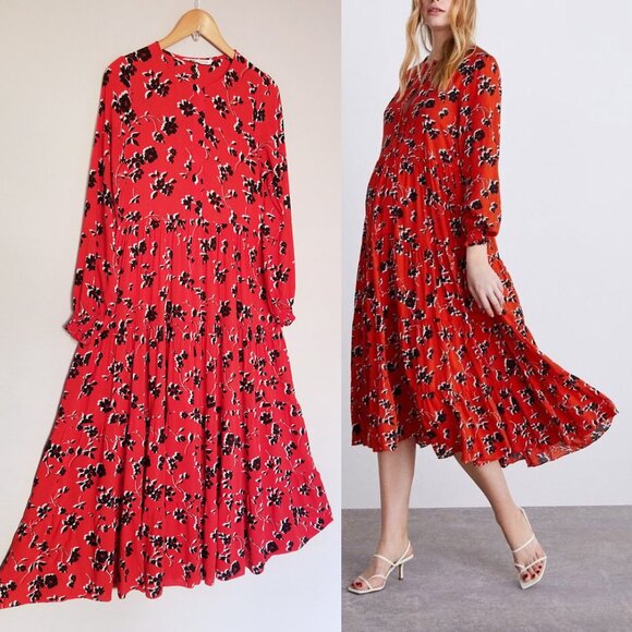 ZARA Angel Floral Tiered Midi Maxi Dress S Red Blogger Favorite Colorful Flowy - Picture 3 of 16